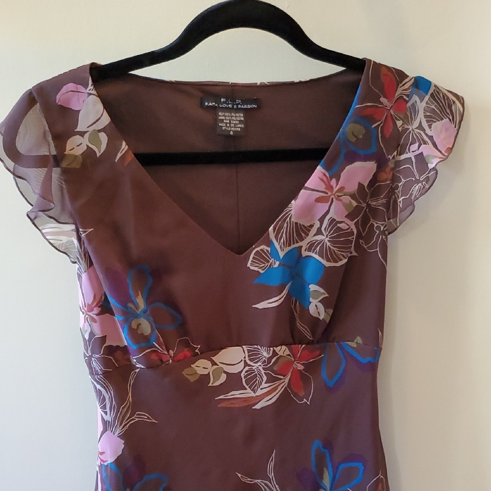 Floral Midi Dress in Brown with Blue and Pink Accents